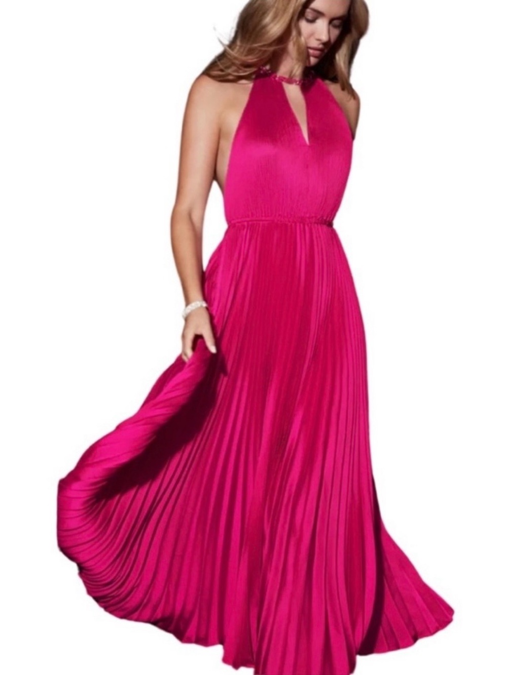 Milly ‘Kora’ Fuchsia Pink Accordion Pleated Satin Halterneck Maxi Dress Size 10 - Picture 2 of 16